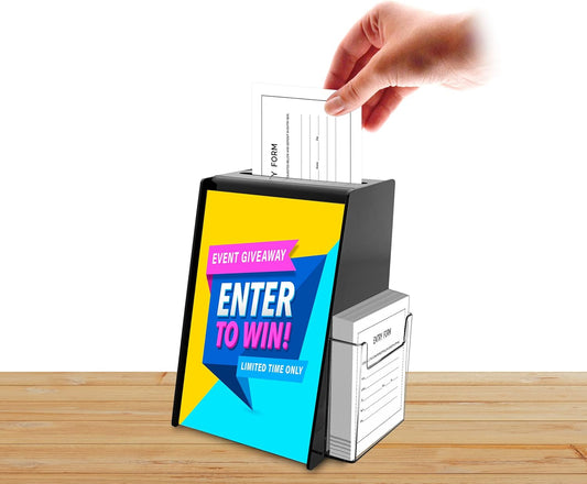 *CLICK HERE FOR LINK TO ORDER ON AMAZON* Locking Ballot Box with 4 Inch Wide Entry Form Pocket and Sign Holder Black Acrylic 5.75" x 5.5" x 8.75"